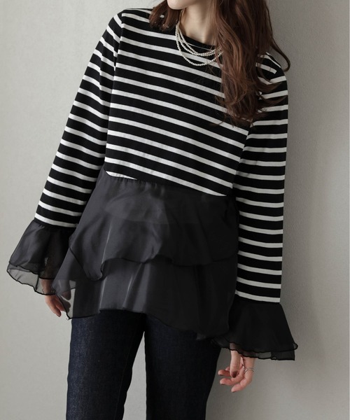 SUGAR BISKET(シュガービスケット)の「シフォンフリルボーダートップス(Tシャツ/カットソー・レディース・ブラック/ネイビー・フリー)」の9枚目の写真