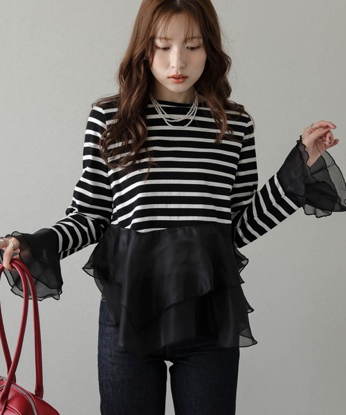 SUGAR BISKET(シュガービスケット)の「シフォンフリルボーダートップス(Tシャツ/カットソー・レディース・ブラック/ネイビー・フリー)」の7枚目の写真