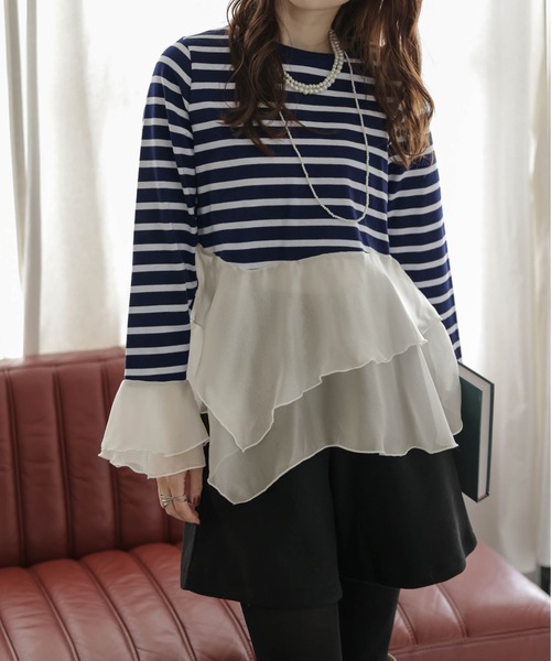 SUGAR BISKET(シュガービスケット)の「シフォンフリルボーダートップス(Tシャツ/カットソー・レディース・ブラック/ネイビー・フリー)」の11枚目の写真