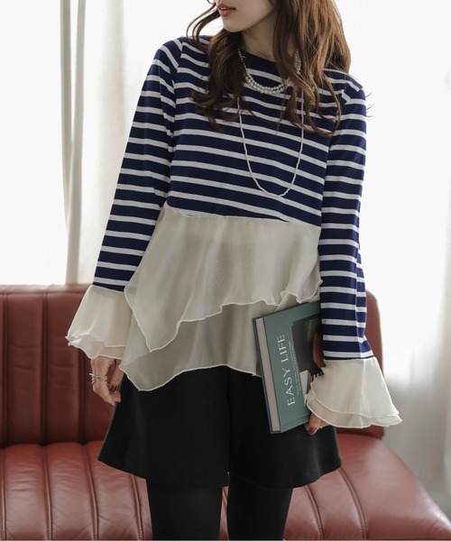 SUGAR BISKET(シュガービスケット)の「シフォンフリルボーダートップス(Tシャツ/カットソー・レディース・ブラック/ネイビー・フリー)」の12枚目の写真