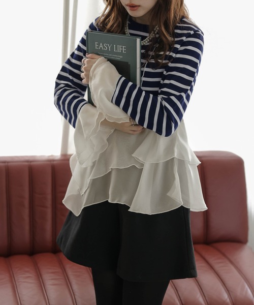 SUGAR BISKET(シュガービスケット)の「シフォンフリルボーダートップス(Tシャツ/カットソー・レディース・ブラック/ネイビー・フリー)」の13枚目の写真