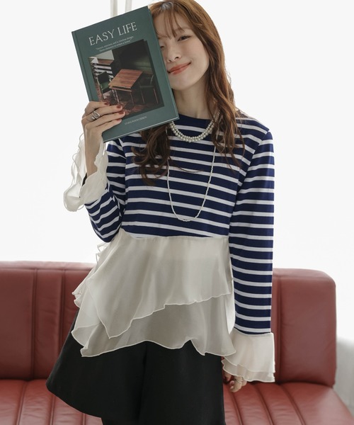 SUGAR BISKET(シュガービスケット)の「シフォンフリルボーダートップス(Tシャツ/カットソー・レディース・ブラック/ネイビー・フリー)」の14枚目の写真