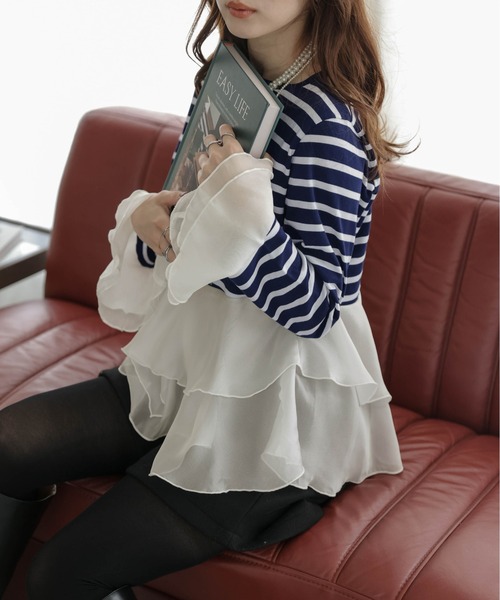 SUGAR BISKET(シュガービスケット)の「シフォンフリルボーダートップス(Tシャツ/カットソー・レディース・ブラック/ネイビー・フリー)」の16枚目の写真