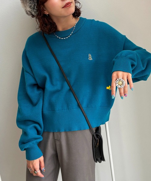 美品★COACH・ニットリブ切替 恐竜ワッペン付 レザージャケット(2) m:rex】ミニ恐竜ワッペンもちもちニットプルオーバー（ニット