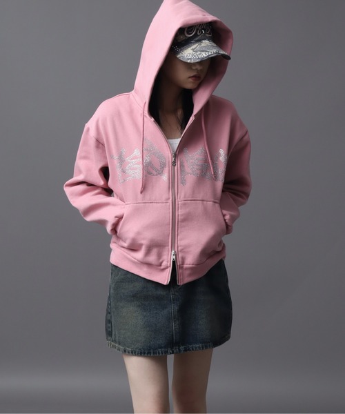 レザレクション　ウォームパーカープルオーバー スモーキーピンク　Mサイズ SEQUENZ（シークエンズ）】SQNZ NEW O.G LOGO LINE STONE FADE ZIP P/K