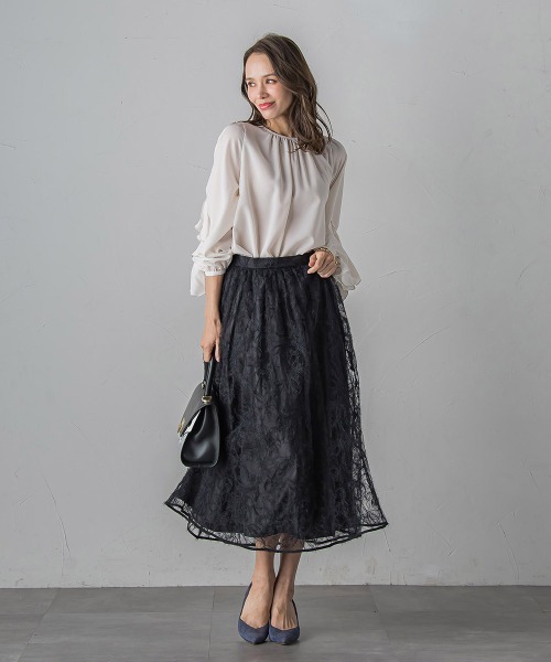 Viaggio Blu（ビアッジョブルー）の「フェザーフラワースカート≪洗濯機で洗える≫（スカート・レディース・ブラック/ライトグレー・M/L/S）」の14枚目の写真