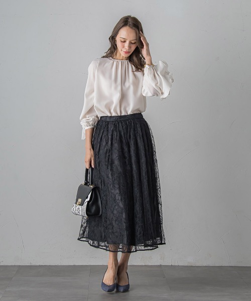Viaggio Blu（ビアッジョブルー）の「フェザーフラワースカート≪洗濯機で洗える≫（スカート・レディース・ブラック/ライトグレー・M/L/S）」の15枚目の写真