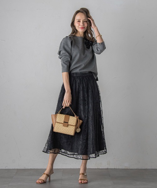 Viaggio Blu（ビアッジョブルー）の「フェザーフラワースカート≪洗濯機で洗える≫（スカート・レディース・ブラック/ライトグレー・M/L/S）」の18枚目の写真