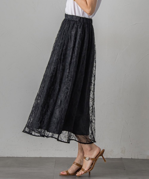 Viaggio Blu（ビアッジョブルー）の「フェザーフラワースカート≪洗濯機で洗える≫（スカート・レディース・ブラック/ライトグレー・M/L/S）」の5枚目の写真
