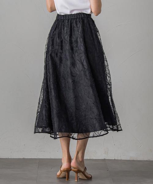 Viaggio Blu（ビアッジョブルー）の「フェザーフラワースカート≪洗濯機で洗える≫（スカート・レディース・ブラック/ライトグレー・M/L/S）」の6枚目の写真