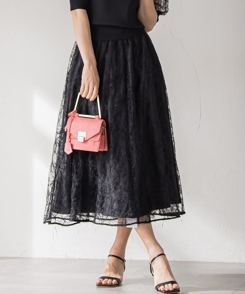 Viaggio Blu（ビアッジョブルー）の「フェザーフラワースカート≪洗濯機で洗える≫（スカート・レディース・ブラック/ライトグレー・M/L/S）」の10枚目の写真