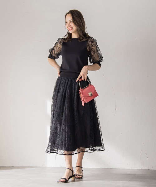 Viaggio Blu（ビアッジョブルー）の「フェザーフラワースカート≪洗濯機で洗える≫（スカート・レディース・ブラック/ライトグレー・M/L/S）」の12枚目の写真
