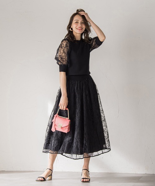 Viaggio Blu（ビアッジョブルー）の「フェザーフラワースカート≪洗濯機で洗える≫（スカート・レディース・ブラック/ライトグレー・M/L/S）」の13枚目の写真