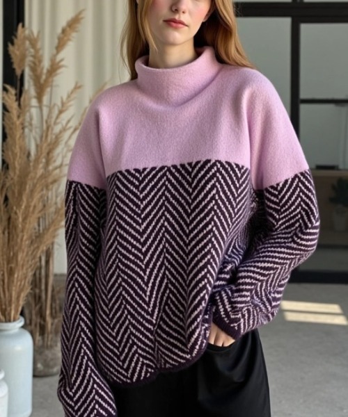 cammie(キャミー)の「ヘリンボン切り替えニットトップス(ニット/セーター・レディース・ピンク/ネイビー/ベージュ・F)」の3枚目の写真