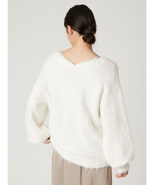 パールリボンシャギーミドルVネックカーディガン（カーディガン