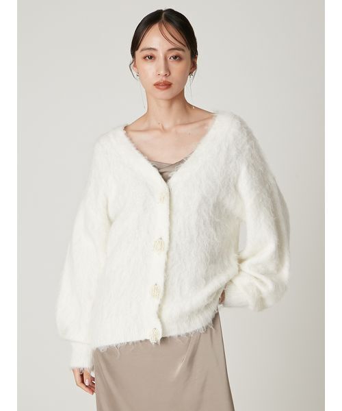 パールリボンシャギーミドルVネックカーディガン（カーディガン