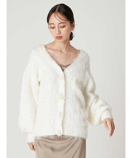 セール】パールリボンシャギーミドルVネックカーディガン