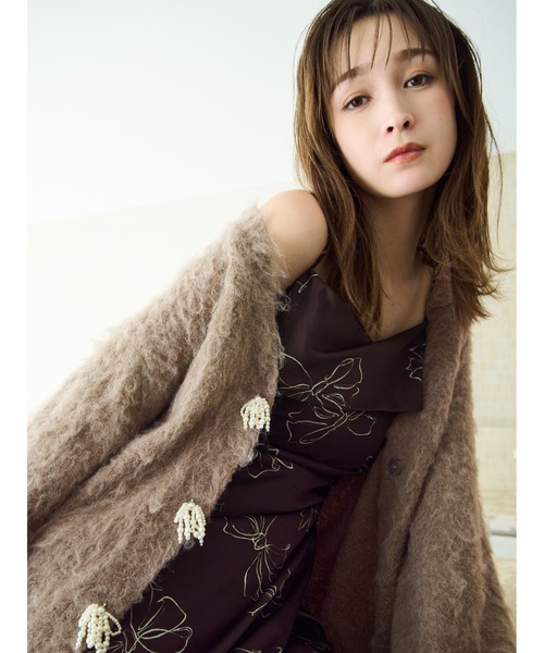 パールリボンシャギーミドルVネックカーディガン（カーディガン