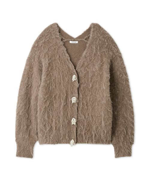 パールリボンシャギーミドルVネックカーディガン（カーディガン