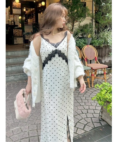 パールリボンシャギーミドルVネックカーディガン（カーディガン