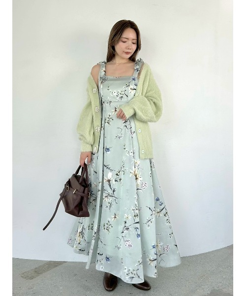 パールリボンシャギーミドルVネックカーディガン（カーディガン