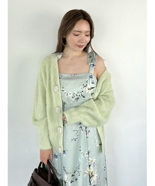 パールリボンシャギーミドルVネックカーディガン（カーディガン