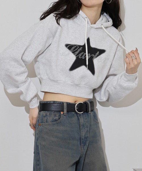 STARTER BLACK LABEL（スターターブラックレーベル）の「STARTER LADYS スウェットショート丈プリントプルパーカー 裏起毛（パーカー・レディース・ブラック/ホワイト/チャコール/ホワイト系その他2/ブラック系その他2/グレー系その他2・M/L）」の2枚目の写真