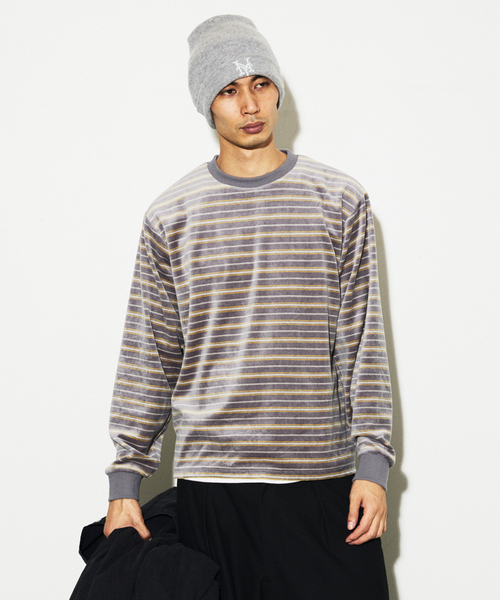 JOURNAL STANDARD(ジャーナルスタンダード)の「ベロア マイクロ ボーダー クルーネック ロンT(Tシャツ/カットソー・メンズ・ライトブルー/グレー/ボルドー・MEDIUM/LARGE)」の5枚目の写真