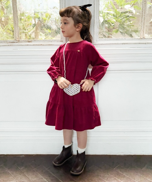 petit main(プティマイン)の「コーデュロイティアードワンピース(ワンピース・キッズ・ライトグリーン/レッド/ラベンダー/ライトベージュ・80cm/90cm/120cm/110cm/100cm/130cm)」の1枚目の写真