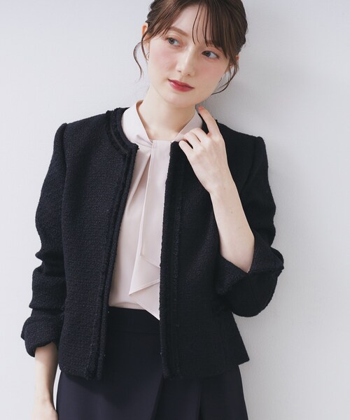 ブラックツイードジャケット ≪通勤・セレモニー/セットアップ対応≫ノーカラーツイードジャケット