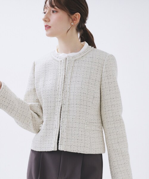 index（インデックス）の「≪通勤・セレモニー/セットアップ対応≫ノーカラーツイードジャケット【洗濯機OK】（ノーカラージャケット・レディース・ブラック系4/ホワイト系7/ネイビー・42/40/38/36）」の15枚目の写真