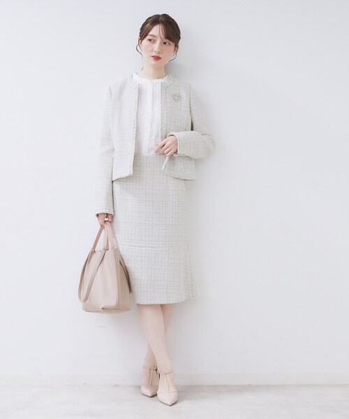 アイボリー ノーカラーツイードジャケット ≪通勤・セレモニー/セットアップ対応≫ノーカラーツイードジャケット