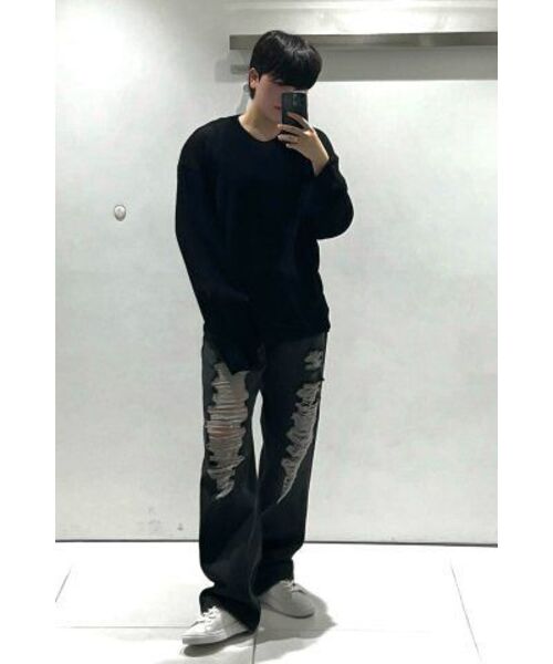 MUSINSA STANDARD（ムシンサスタンダード）の「フロントデストロイドワイドデニムパンツ[ウォッシュドブラック]（デニムパンツ・メンズ・その他・26/27/28/29/30/31/32/33/34/36/38）」の4枚目の写真