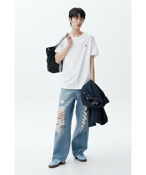 MUSINSA STANDARD（ムシンサスタンダード）の「フロントデストロイドワイドデニムパンツ[ウォッシュドブラック]（デニムパンツ・メンズ・その他・26/27/28/29/30/31/32/33/34/36/38）」の2枚目の写真