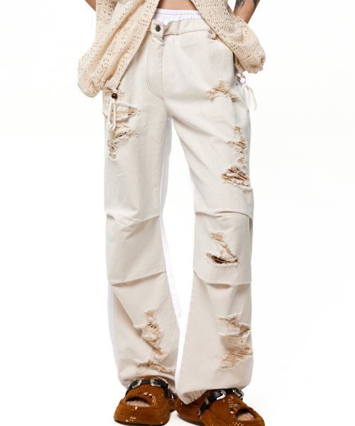 LAYERD DESTROYED DENIM PANTS - IVORY/WHITE