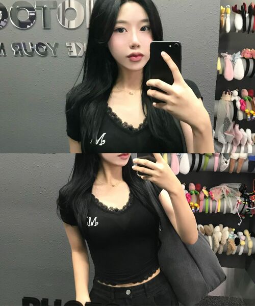 MUCENT（ムセント）の「サニアレースVネック半袖Tシャツ（3カラー）（Tシャツ/カットソー・レディース・ブラック/グレー/アイボリー・FREE）」の6枚目の写真