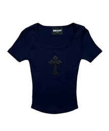 Cross Square Neck T-shirt (Navy)