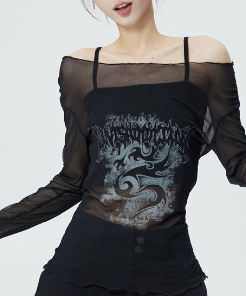 lilful(リルフル)の「【26年春夏新作】フロントデザイン シアーオフショルトップス(Tシャツ/カットソー・レディース・ブラック・S/M)」の9枚目の写真