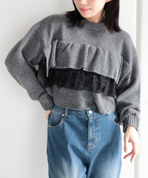 Ruwan yu(ルワンユー)の「ティアードレースフリルクロップドニットトップス【大きいサイズ対応】(ニット/セーター・レディース・チャコール/ブラック・LL/L/4L/3L)」の4枚目の写真