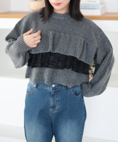 Ruwan yu(ルワンユー)の「ティアードレースフリルクロップドニットトップス【大きいサイズ対応】(ニット/セーター・レディース・チャコール/ブラック・LL/L/4L/3L)」の7枚目の写真