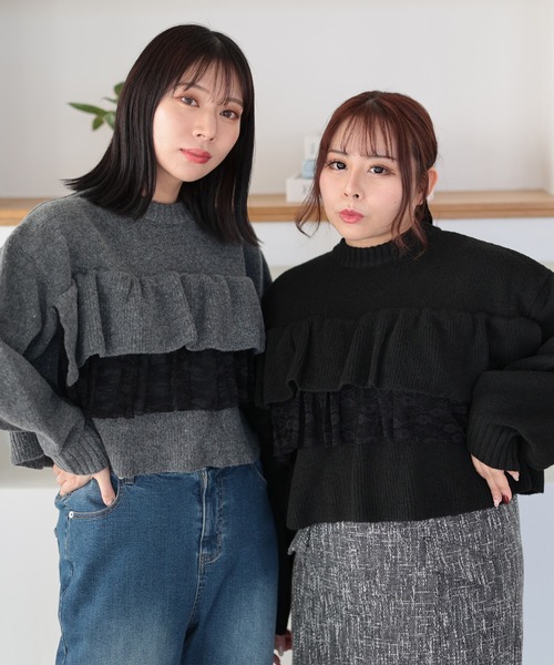 Ruwan yu(ルワンユー)の「ティアードレースフリルクロップドニットトップス【大きいサイズ対応】(ニット/セーター・レディース・チャコール/ブラック・LL/L/4L/3L)」の11枚目の写真