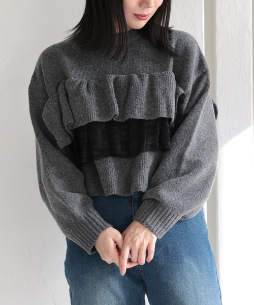 Ruwan yu(ルワンユー)の「ティアードレースフリルクロップドニットトップス【大きいサイズ対応】(ニット/セーター・レディース・チャコール/ブラック・LL/L/4L/3L)」の14枚目の写真