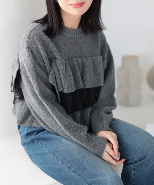 Ruwan yu(ルワンユー)の「ティアードレースフリルクロップドニットトップス【大きいサイズ対応】(ニット/セーター・レディース・チャコール/ブラック・LL/L/4L/3L)」の15枚目の写真