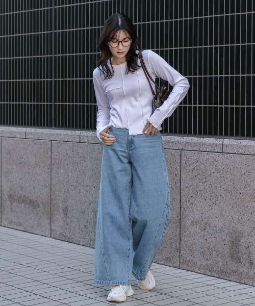 slattgir（スラットジール）の「高身長　サイドＶラインデニムワイドパンツ（トールサイズ）Essenave（その他パンツ・レディース・ブラック/ブルー・88/84/80/76/73/70/67/64）」の5枚目の写真