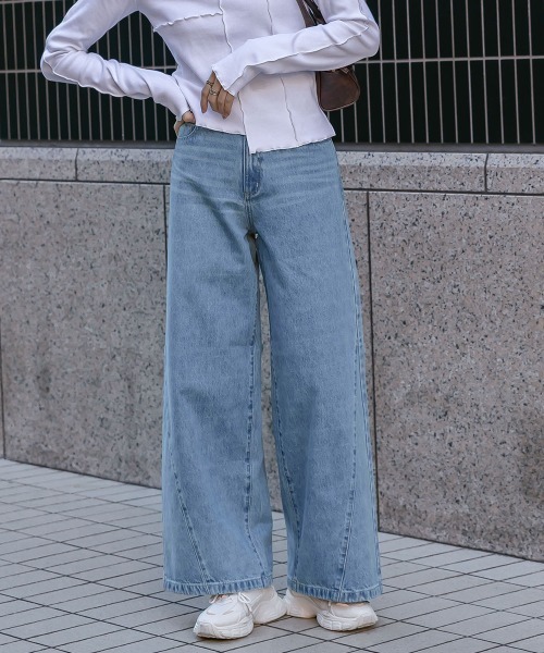 slattgir（スラットジール）の「高身長　サイドＶラインデニムワイドパンツ（トールサイズ）Essenave（その他パンツ・レディース・ブラック/ブルー・88/84/80/76/73/70/67/64）」の8枚目の写真