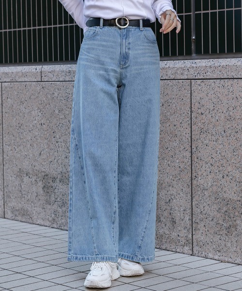 slattgir（スラットジール）の「高身長　サイドＶラインデニムワイドパンツ（トールサイズ）Essenave（その他パンツ・レディース・ブラック/ブルー・88/84/80/76/73/70/67/64）」の4枚目の写真