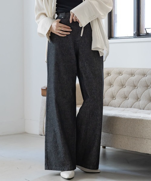 slattgir（スラットジール）の「高身長　サイドＶラインデニムワイドパンツ（トールサイズ）Essenave（その他パンツ・レディース・ブラック/ブルー・88/84/80/76/73/70/67/64）」の9枚目の写真