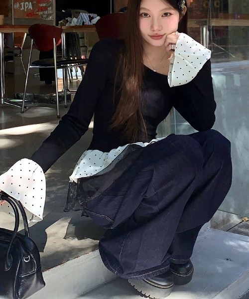 SHEENA(シーナ)の「ドットフリルティアードワンショルトップス(Tシャツ/カットソー・レディース・ライトブルー/ブラック・M)」の11枚目の写真
