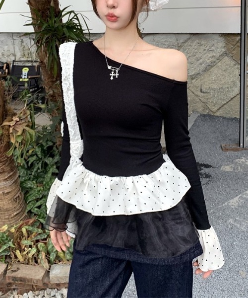 SHEENA(シーナ)の「ドットフリルティアードワンショルトップス(Tシャツ/カットソー・レディース・ライトブルー/ブラック・M)」の12枚目の写真