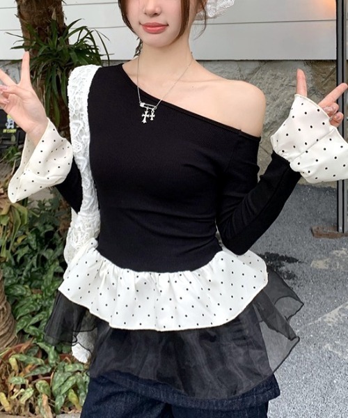 SHEENA(シーナ)の「ドットフリルティアードワンショルトップス(Tシャツ/カットソー・レディース・ライトブルー/ブラック・M)」の13枚目の写真